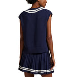 RLX RALPH LAUREN 여성 면화 V 목 슬리빙 스웨터 조끼 - 정제 된 해군/세라믹 화이트