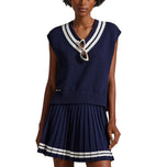 RLX RALPH LAUREN 여성 면화 V 목 슬리빙 스웨터 조끼 - 정제 된 해군/세라믹 화이트