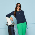 G/Fore 여성 코튼 블렌드 긴 소매 니트 골프 폴로 셔츠 - 트와일라잇