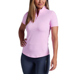 IBKUL 여성 솔리드 반팔 지퍼 모크넥 셔츠 - 캔디 핑크