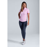 IBKUL 여성 솔리드 반팔 지퍼 모크넥 셔츠 - 캔디 핑크