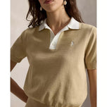 RLX 랄프 로렌 여성용 2/48 코튼 블렌드 반소매 니트 골프 폴로 셔츠 - 듄 탠/화이트 스플래시