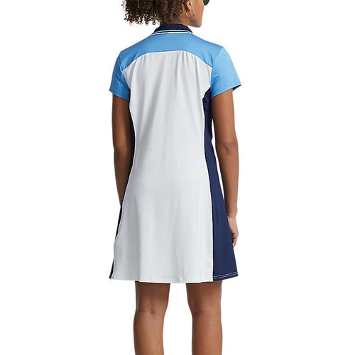 RLX 랄프 로렌 여성용 컬러 블록 스트레치 폴로 골프 드레스 - 퓨어 화이트/플로리다 블루 멀티 